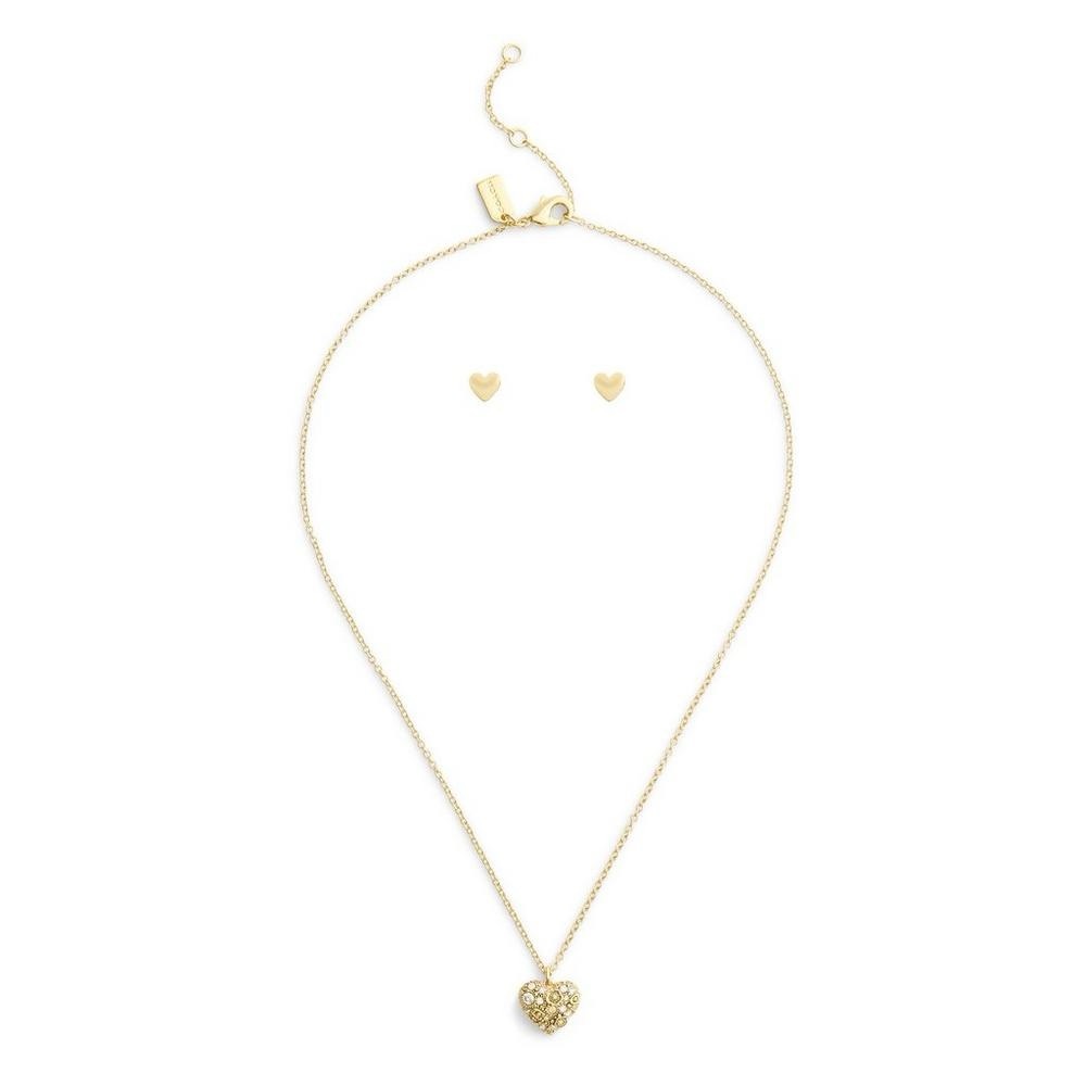 COACH Gold Pave HEART NECKLACE & EARRINGS JEWELRY SET NWOT - Picture 2 of 8